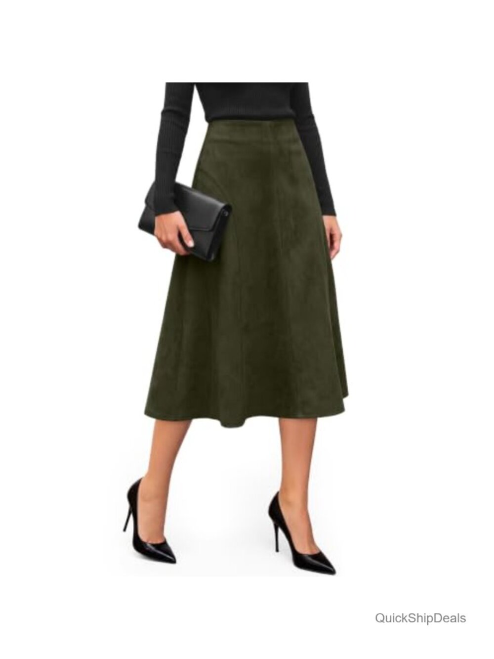 Faux Suede Midi Skirt High Waist A Line Elastic Waist Vintage Style